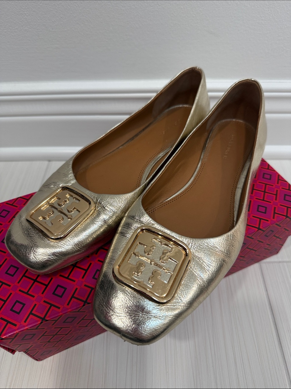 Tory Burch Metallic Gold Logo Ballet Flats